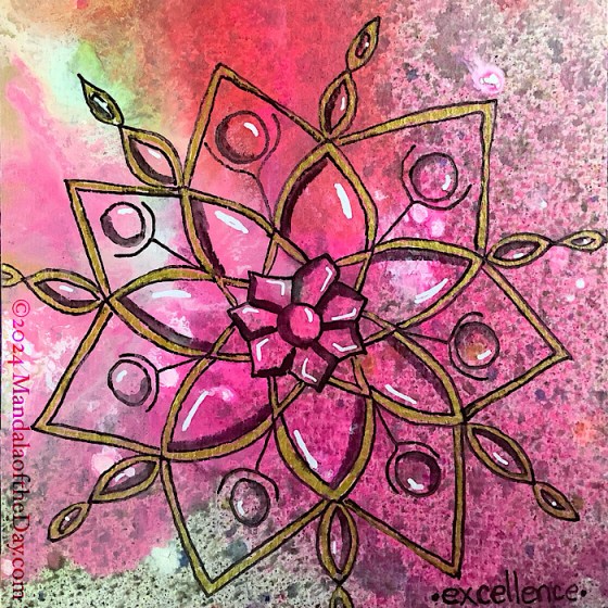 MotD 24-358 Excellence — after. textured abstract background with bold colors of pink, red, and white over a spotted background of light grey with darker grey leopard-like spots. on top in black ink is an outline of a 7 petal mandala in the center. three more rows of petals surround it…two rows are angular, one is arched. all the elements are shaded and highlighted.