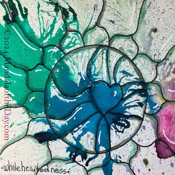 MotD 24-360 Wholeheartedness — after. textured abstract background of white with speckled colors throughout. on top are blobs of colors in green, blue, pink, and purple. On top in black ink is an outline of a heart in the center of a large circle. around the outside is a single row of lotus-like petals with a single line from each of the petal tips to the paper’s edge. Everything is shaded and highlighted to give a more 3D effect.