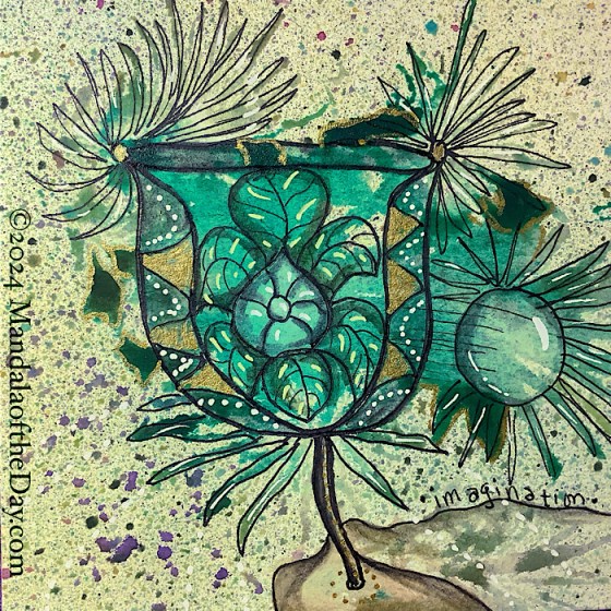 MotD 24-363 Imagination — after. textured abstract background with varying shades of green. background is pale light green with splatters of all different colors. Mostly green blobs in the center. on top outlined in black ink is an abstract flower that looks te be in a decorative glass with daisy-like flowers on top. a ball of green color is flying off to the right. Mostly taking advantage of the blob shapes.