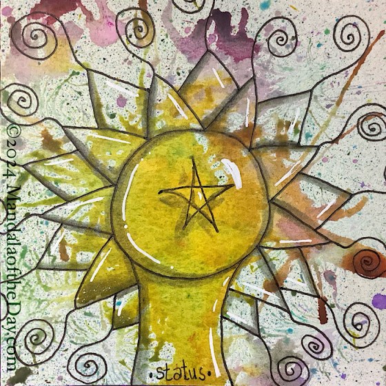 MotD 24-364 Status — after. textured abstract background with a big blob of yellow surrounded by smatterings of pink, purple, green, and golden brown. The rest of the background is white with splatters of a variety of colors. on top outline in black ink is a large circle in the center atop a pedestal-like structure. around the outside of the circle are two rows of pointed petals…each with a spiral radiating from them. In the center of the circle is drawn a simple 5-pointed star. The circle, pedestal, petals, and star are shaded and highlighted to give them dimension.
