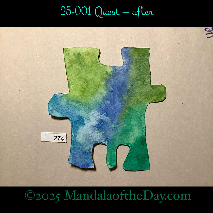 MotD 25-001 Quest — after. puzzle piece number 274 painted with colors of greens and blues.