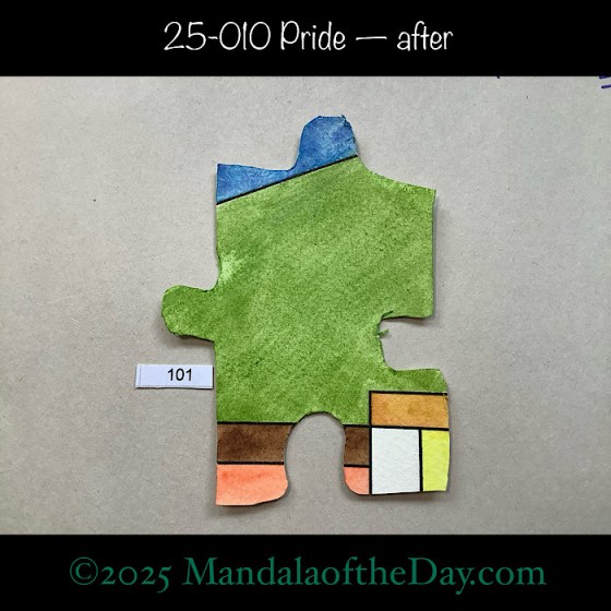 MotD 25-010 Pride — after. Front side of puzzle piece no. 101. In colors of green, blue, brown, orange, yellow, white, and golden brown