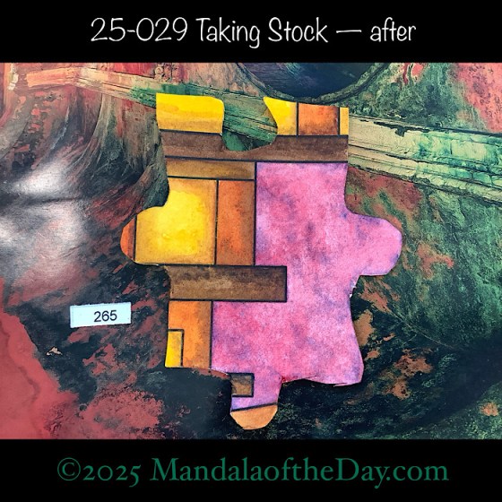 MotD 25-029 Taking Stock — after. Painted front view of Puzzle Piece No. 265. with colors of purple, browns, and yellows