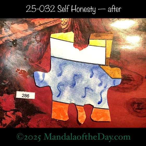 MotD 25-032 Self Honesty — after. Painted front view Puzzle Piece No. 286. with colors of blue, yellow, white, browns, and orange.