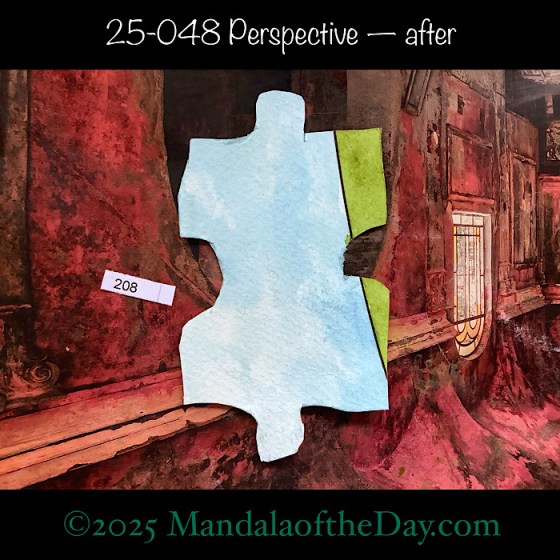 MotD 25-048 Perspective — after. Painted front side of Puzzle Piece No. 208. with colors of blue, white, and green