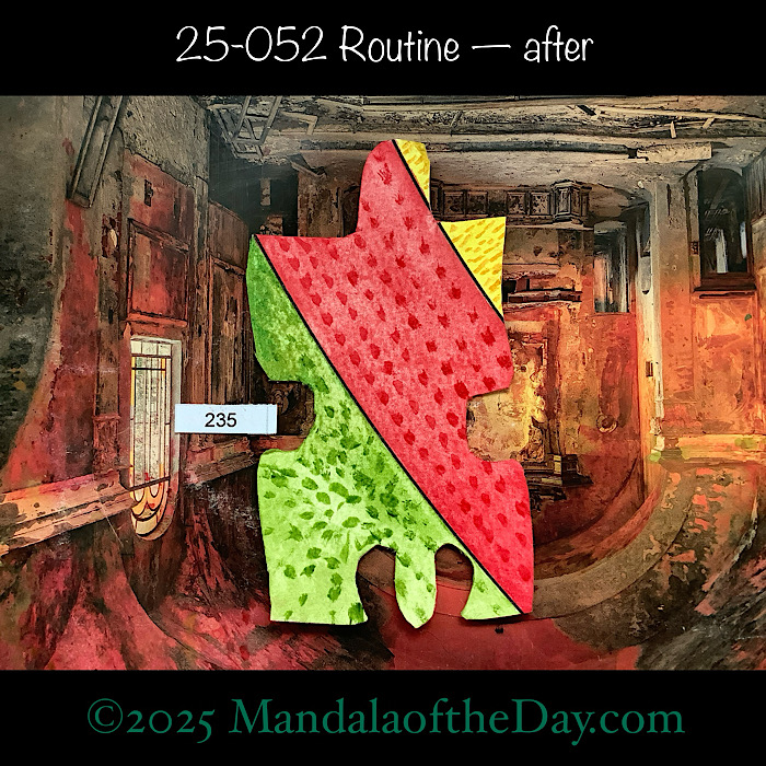 MotD 25-052 Routine — after. painted front side of Puzzle Piece No. 235 with colors of greens, reds, and yellows.