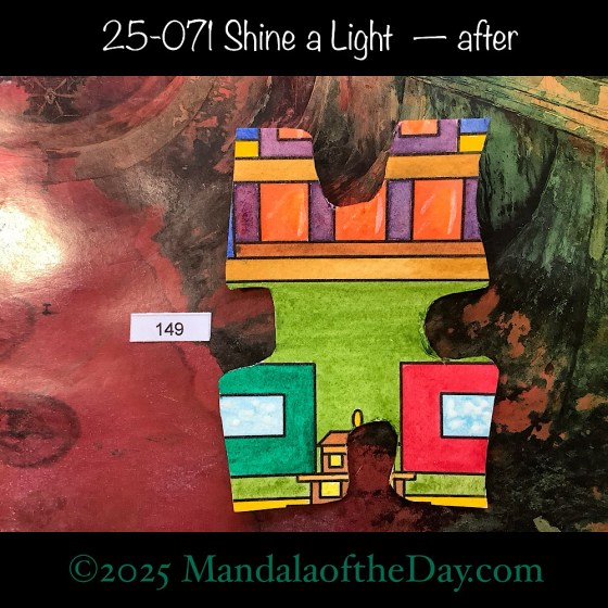 MotD 25-071 Shine a Light — after. back side of Puzzle Piece No. 149 with colors of yellow, orange, red, greens, purple, blues, browns, and white