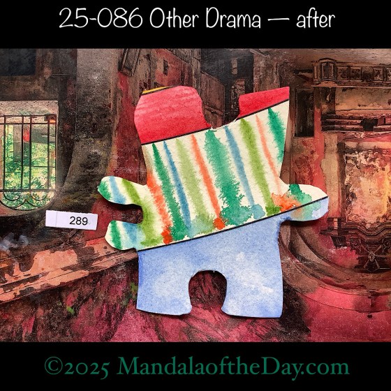 MotD 25-086 Other Drama — after. painted front side of Puzzle Piece No. 289 with colors of blue, red, yellow, orange, greens, and white