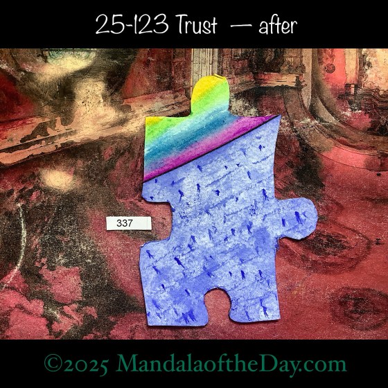 MotD 25-123 Trust — after. painted front side of Puzzle Piece No. 337 with colors of purple, blues, green, and yellow