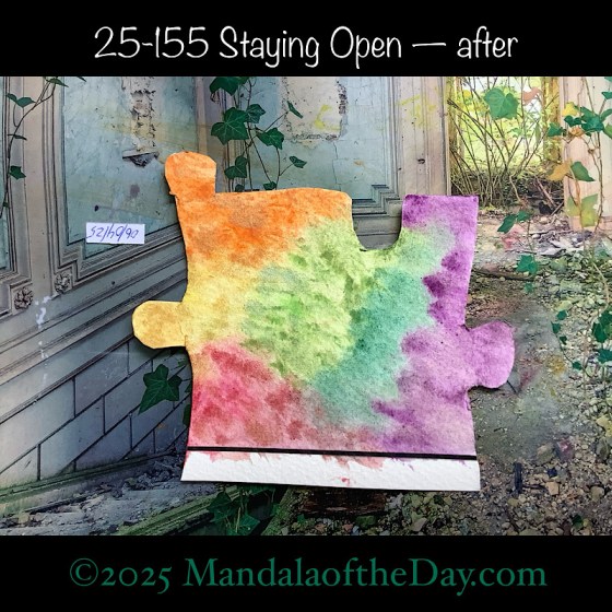 Mandala of the Day 25-155 Staying Open — after. painted front side of Puzzle Piece No. 346 with rainbow-like colors