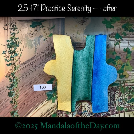 Mandala of the Week 25-171 Practice Serenity — after. painted front side of Puzzle Piece No. 163 with colors of blue, blue-ish green, and soft yellow