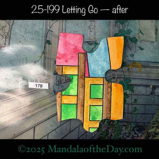 Mandala of the Day 25-199 Letting Go — after. painted front side of Puzzle Piece No. 178 with colors of pink, blue, orange, yellow, brown, and green