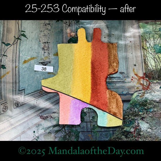 Mandala of the Day 25-253 Compatibility — after. painted front side of Puzzle Piece No. 38 with warm colors of green, goldenrod, reddish brown, and brown…and then light pastel colors of light red, purple, green, and sage.