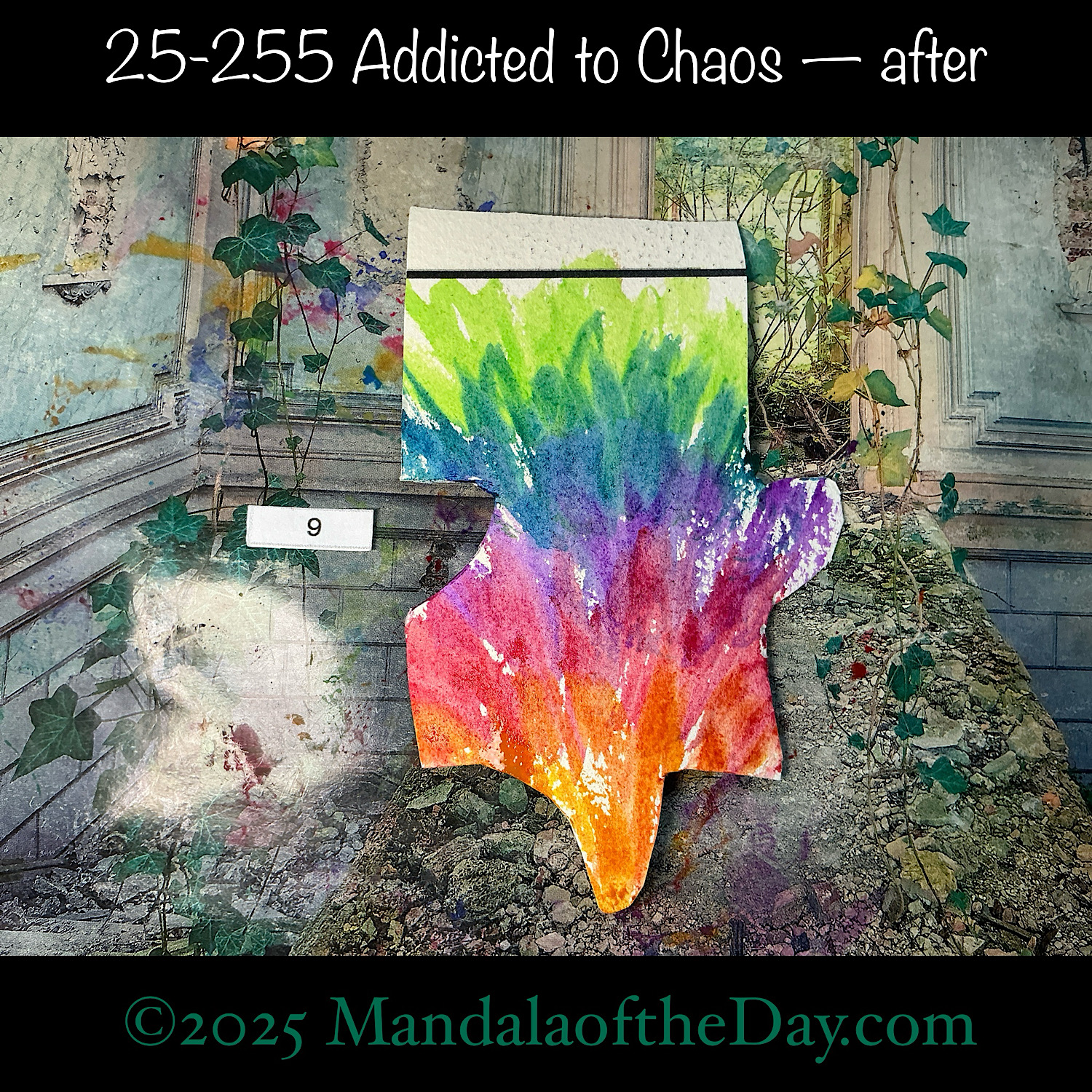 Mandala of the Day 25-255 Addicted to Chaos — after. painted front side of Puzzle Piece No. 9 with colors of yellow, orange, pink, purple, blue, and green.