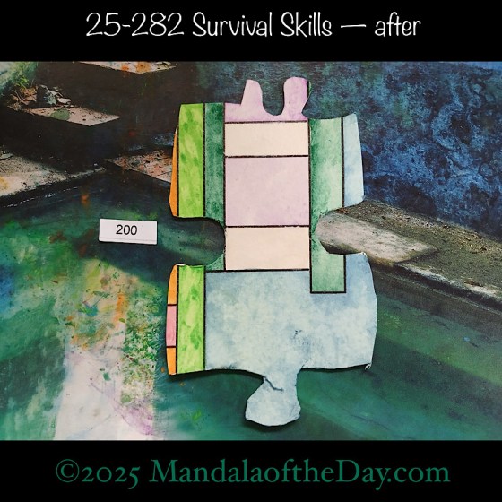 Mandala of the Day 25-282 Survival Skills — after. painted front side of Puzzle Piece No. 200 with colors of white, purple, pale blue, orange, and greens