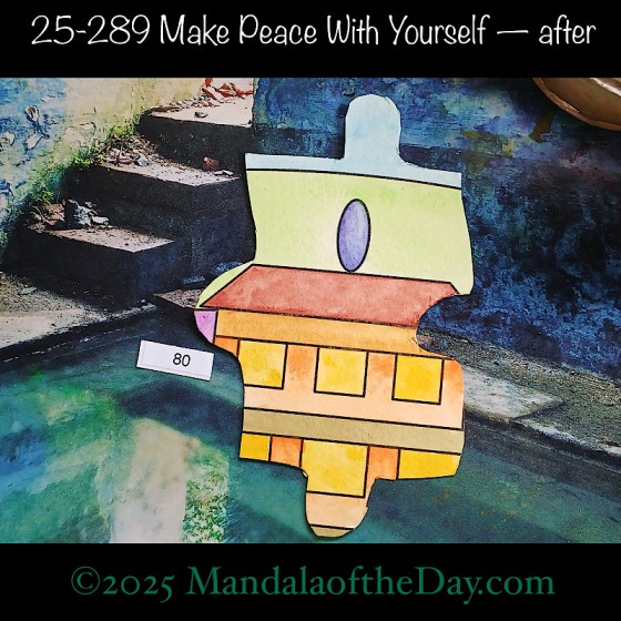 Mandala of the Day 25-289 Make Peace With Yourself — after. painted front side of Puzzle Piece No. 80 with colors of oranges, yellow, brown, purple, blues, and green.