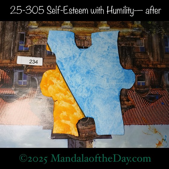 Mandala of the Day 25-305 Self-Esteem with Humility — after. painted front side of Puzzle Piece No. 234 with colors of blue and orange