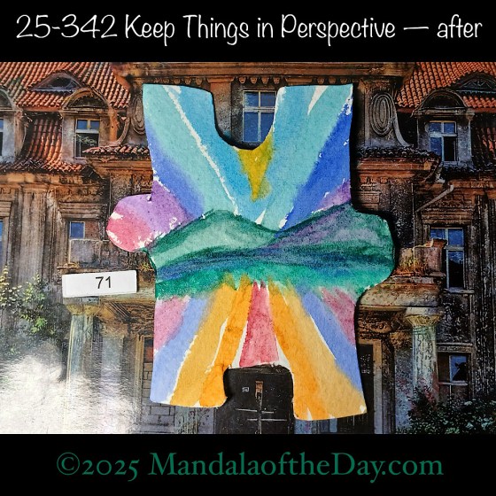 Mandala of the Day 25-342 Keep Things in Perspective — after. painted front side of Puzzle Piece No. 71 with a variety of colors looking like a landscape with rays of colors in perspective above and below