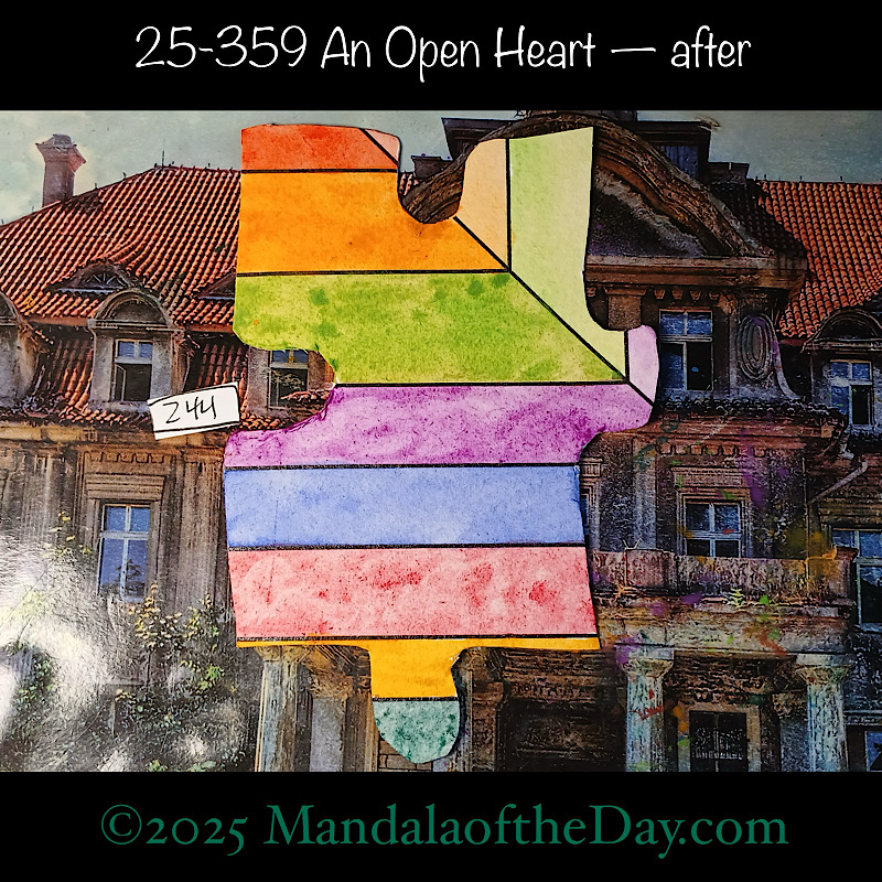 Mandala of the Day 25-359 An Open Heart — after. painted front side of Puzzle Piece No. 244 with colors of the rainbow in random order