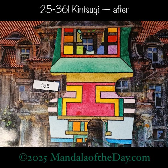 Mandala of the Day 25-361 Kintsugi — after. painted front side of Puzzle Piece No. 195 with a variety of colors filling in detailed sections of the mandala center