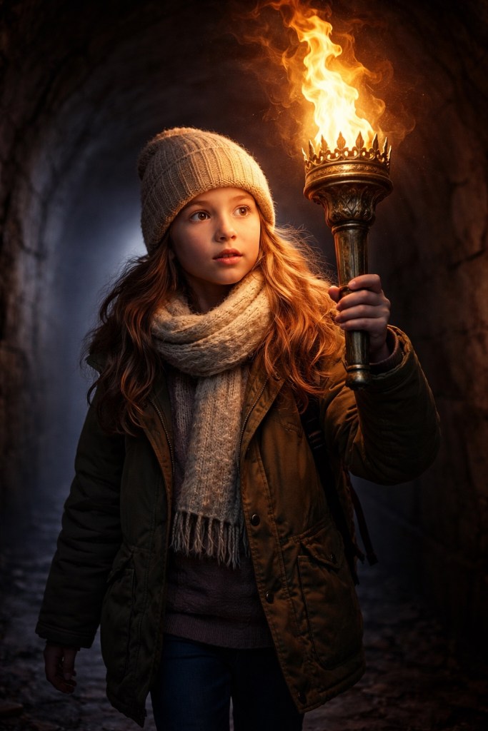 Bundled-up Girl Walking Through Dark Tunnel Carrying a Brightly Lit Torch.