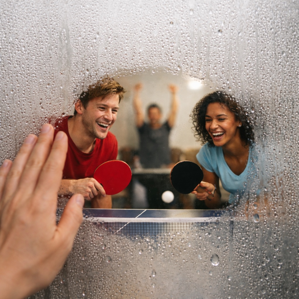 ai created image of a couple happily playing table tennis as seen through a small section of wiped-clear glass