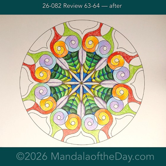 Mandala of the Day 26-082 Review 63-64 — after. Day 5 of 7 coloring this week’s Mandala of the Week 26-12