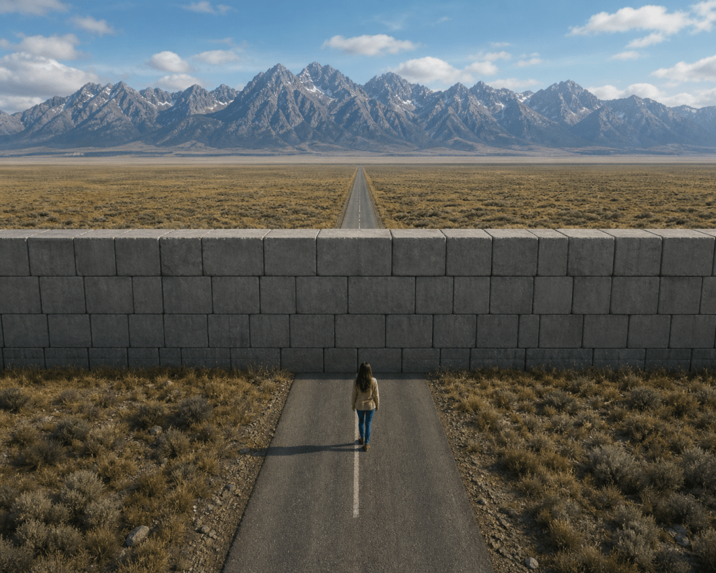 Woman at block wall across her path