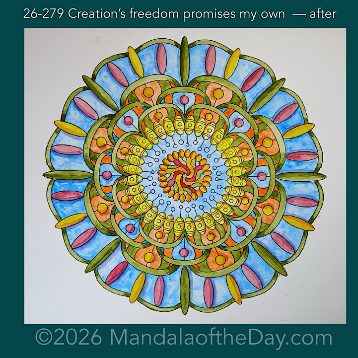 Mandala of the Day 26-279 Creation’s freedom promises my own — after. Day 6 of 7 painting this week’s Mandala of the Week 26-40