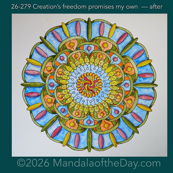 Mandala of the Day 26-279 Creation’s freedom promises my own — after. Day 6 of 7 painting this week’s Mandala of the Week 26-40